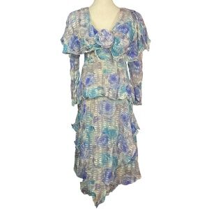 100% Silk Layered Dress S Vintage Long Sleeve Rosette Flowy V-Neck Blue Gray